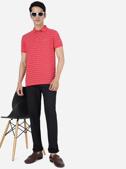 Pink & White Striped Slim Fit Polo T-Shirt | JadeBlue