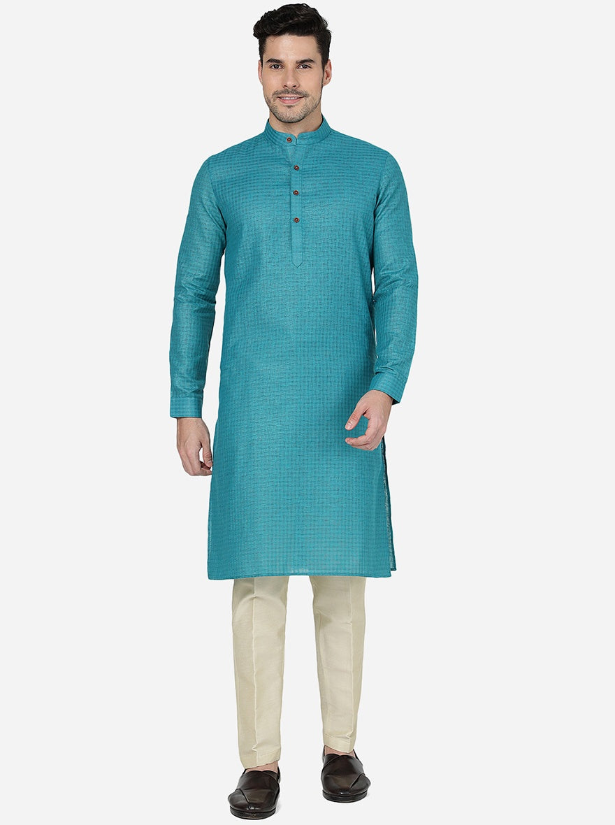 Teal Blue Checked Regular Fit Modi Kurta | JadeBlue