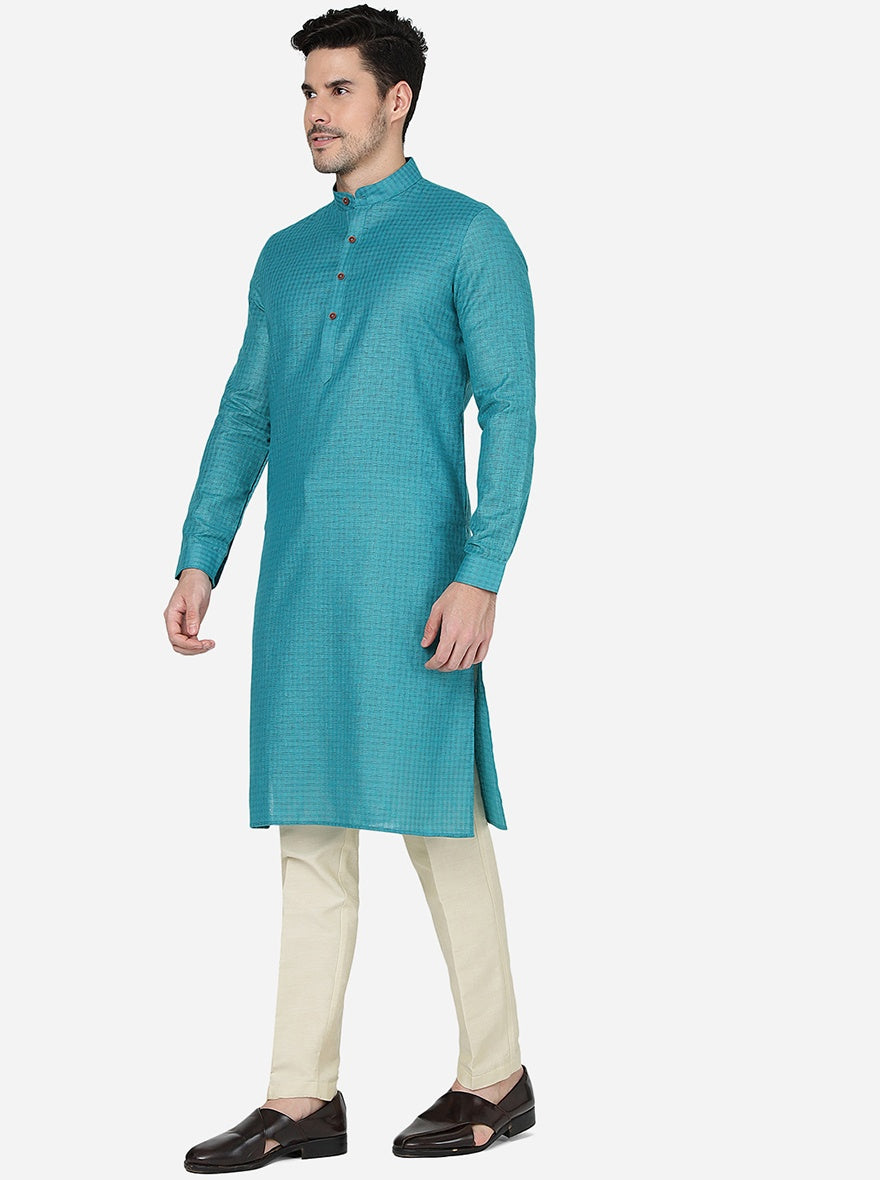 Teal Blue Checked Regular Fit Modi Kurta | JadeBlue