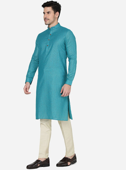 Teal Blue Checked Regular Fit Modi Kurta | JadeBlue