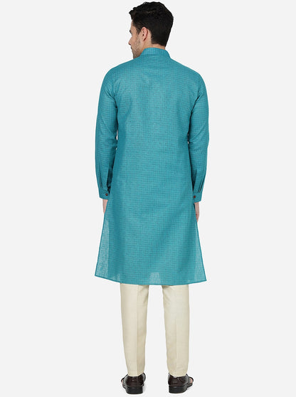 Teal Blue Checked Regular Fit Modi Kurta | JadeBlue