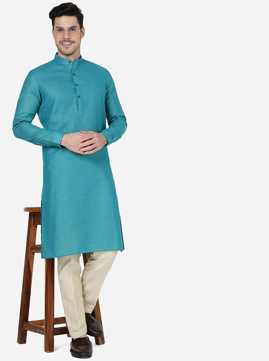 Teal Blue Checked Regular Fit Modi Kurta | JadeBlue