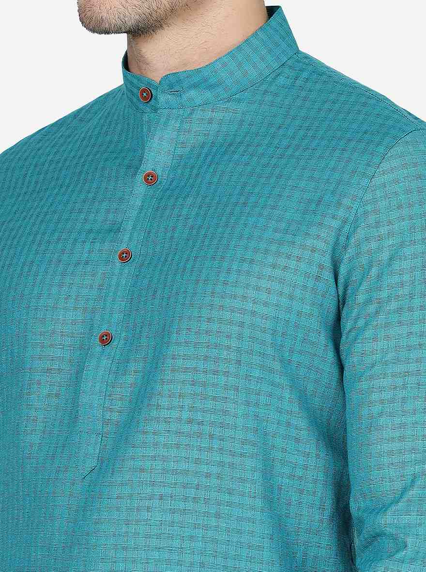 Teal Blue Checked Regular Fit Modi Kurta | JadeBlue