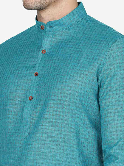 Teal Blue Checked Regular Fit Modi Kurta | JadeBlue