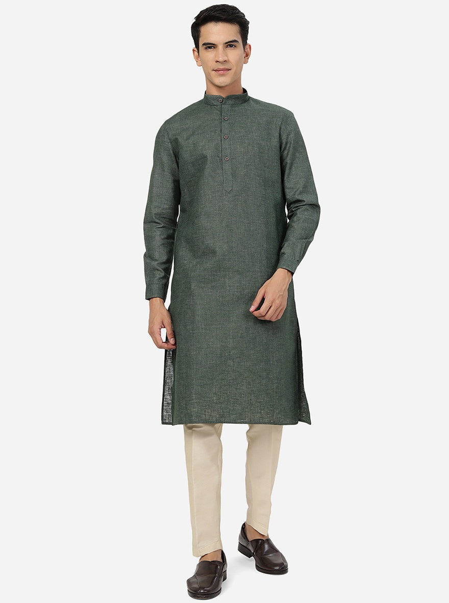 Dark Green Solid Regular Fit Modi Kurta | JadeBlue