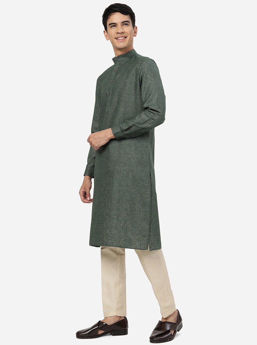 Dark Green Solid Regular Fit Modi Kurta | JadeBlue