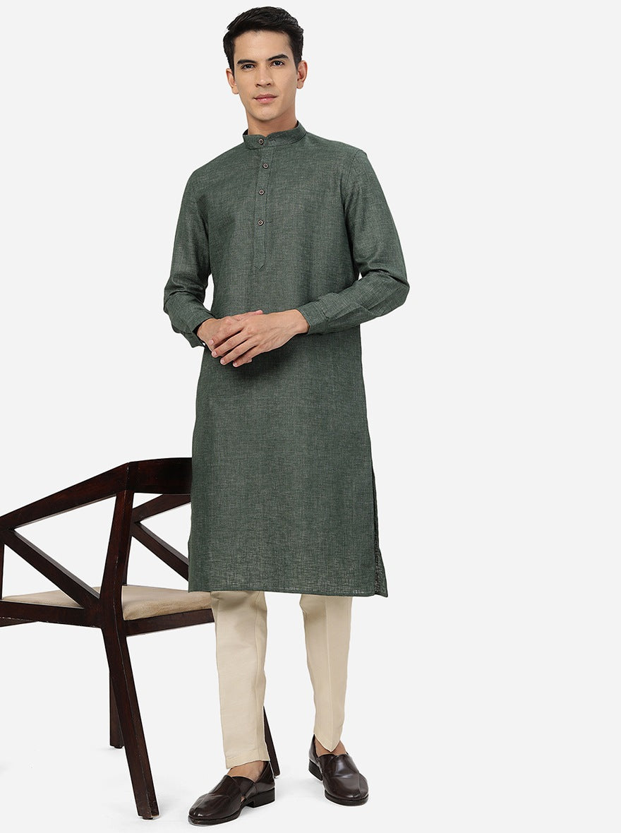 Dark Green Solid Regular Fit Modi Kurta | JadeBlue