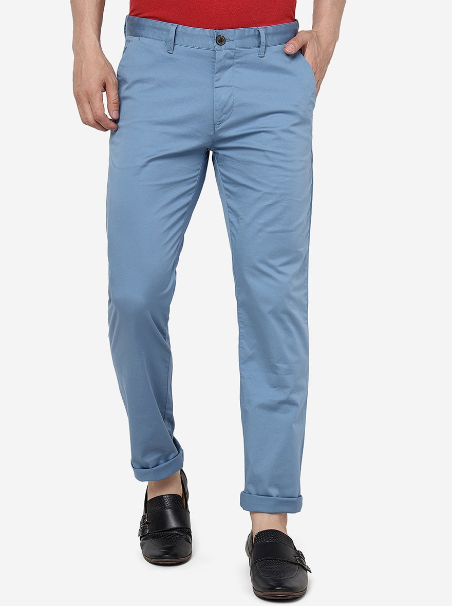 Sky Blue Solid Uno Fit Casual Trouser | JadeBlue
