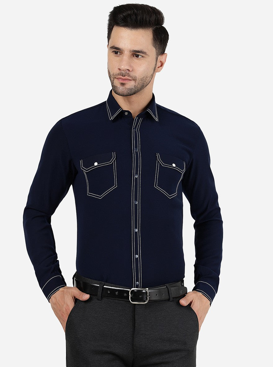 Navy Blue Solid Slim Fit Party Wear Shirt | JB Studio