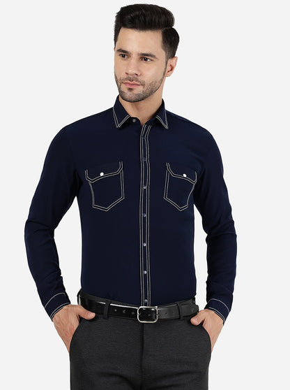 Navy Blue Solid Slim Fit Party Wear Shirt | JB Studio