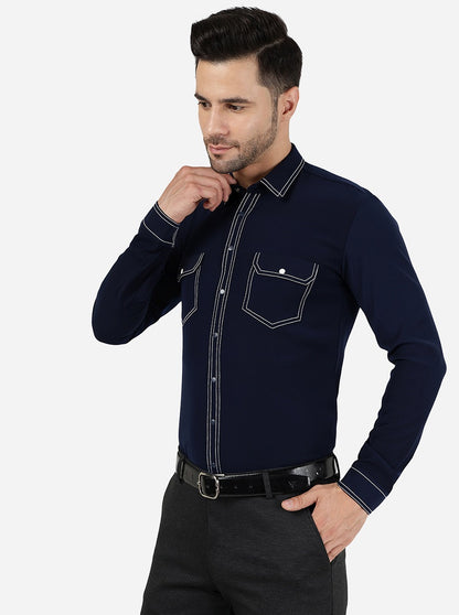 Navy Blue Solid Slim Fit Party Wear Shirt | JB Studio