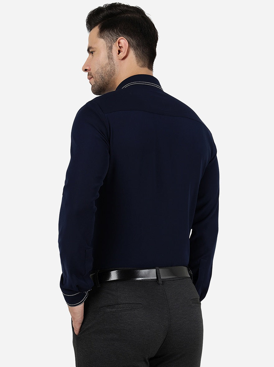 Navy Blue Solid Slim Fit Party Wear Shirt | JB Studio