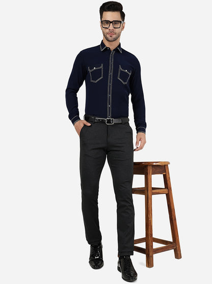 Navy Blue Solid Slim Fit Party Wear Shirt | JB Studio