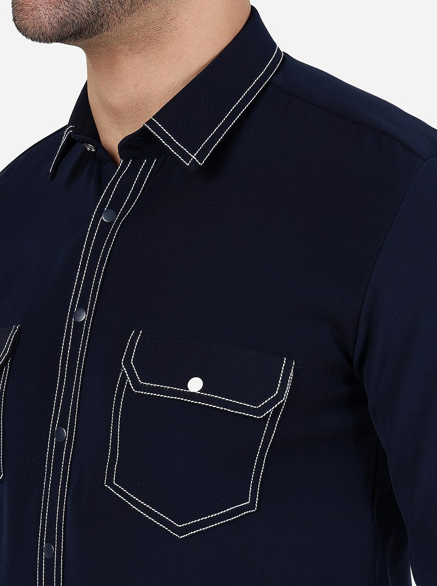 Navy Blue Solid Slim Fit Party Wear Shirt | JB Studio