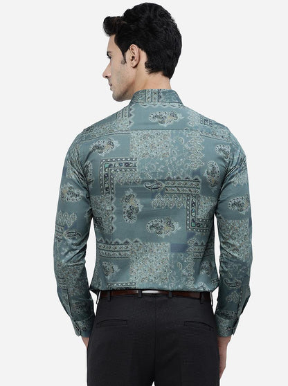 Green Printed Slim Fit Party Wear Shirt | JB Studio