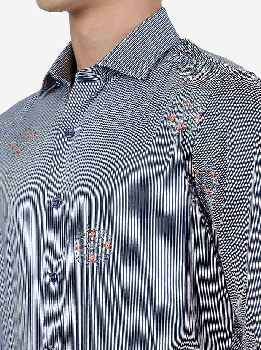 Blue Printed Slim Fit Party Wear Shirt | JB Studio