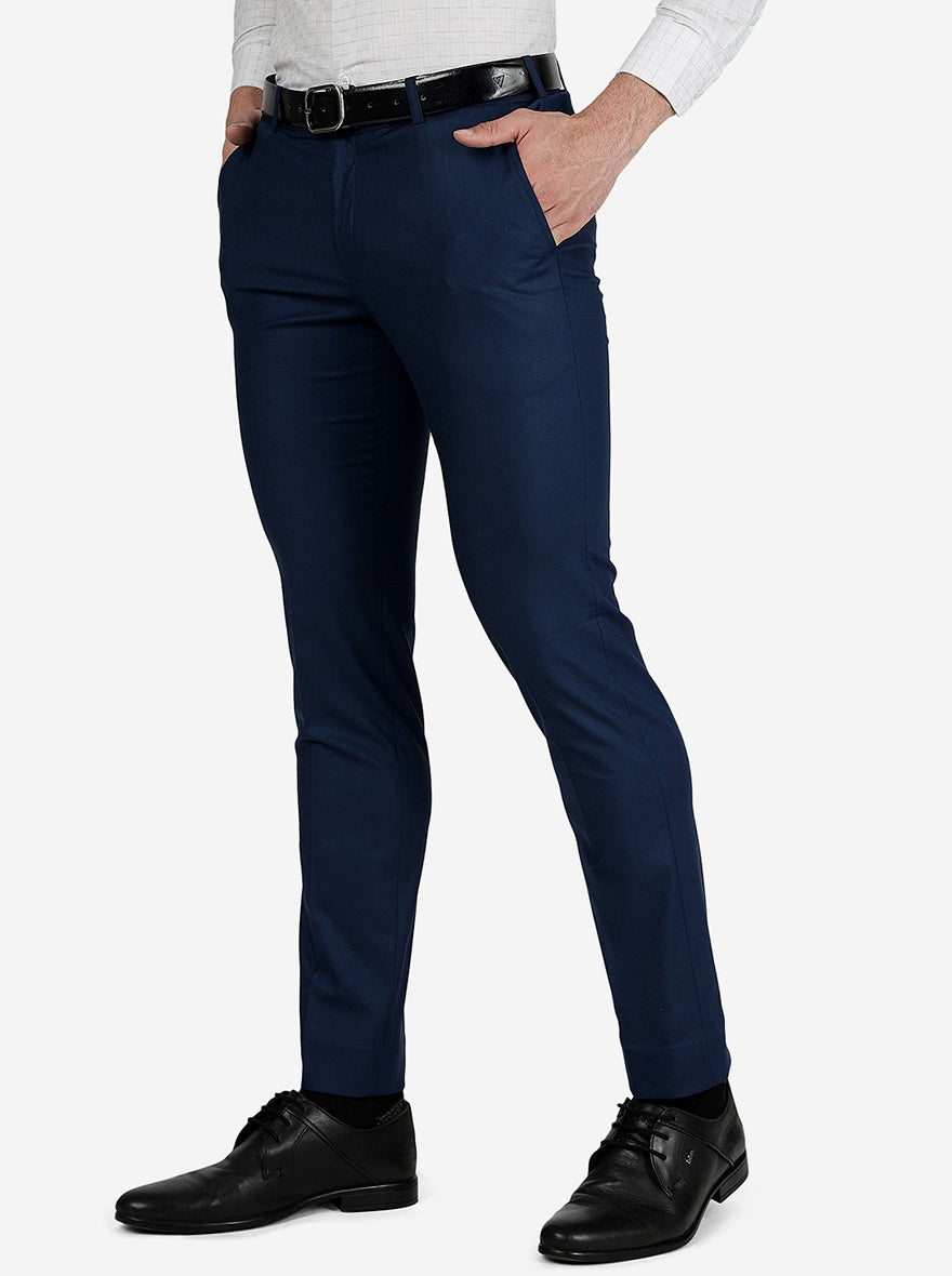 Navy Blue Solid Slim Fit Formal Trouser | Metal