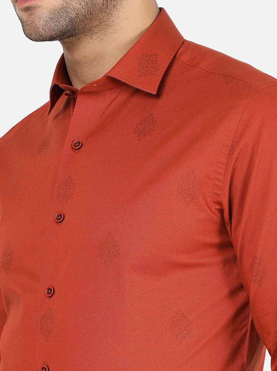 Orange Printed Slim Fit Party Wear Shirt | JB Studio