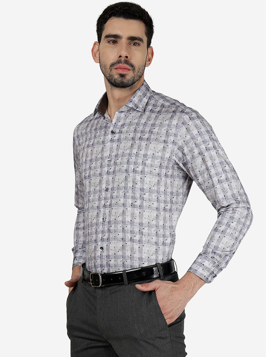 Grey Printed Slim Fit Formal Shirt | Metal