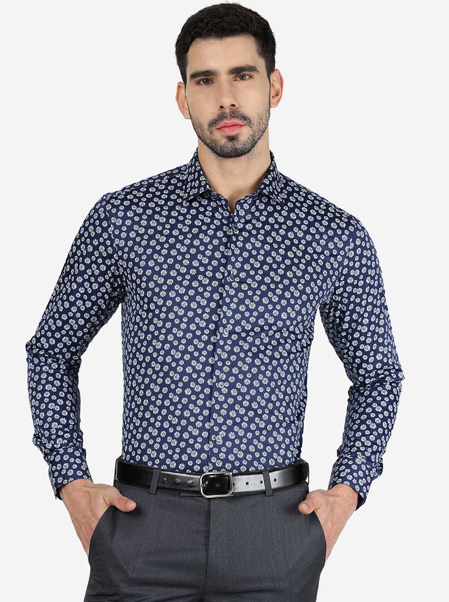 Blue Printed Slim Fit Party Wear Shirt | Wyre