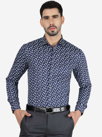Blue Printed Slim Fit Party Wear Shirt | Wyre