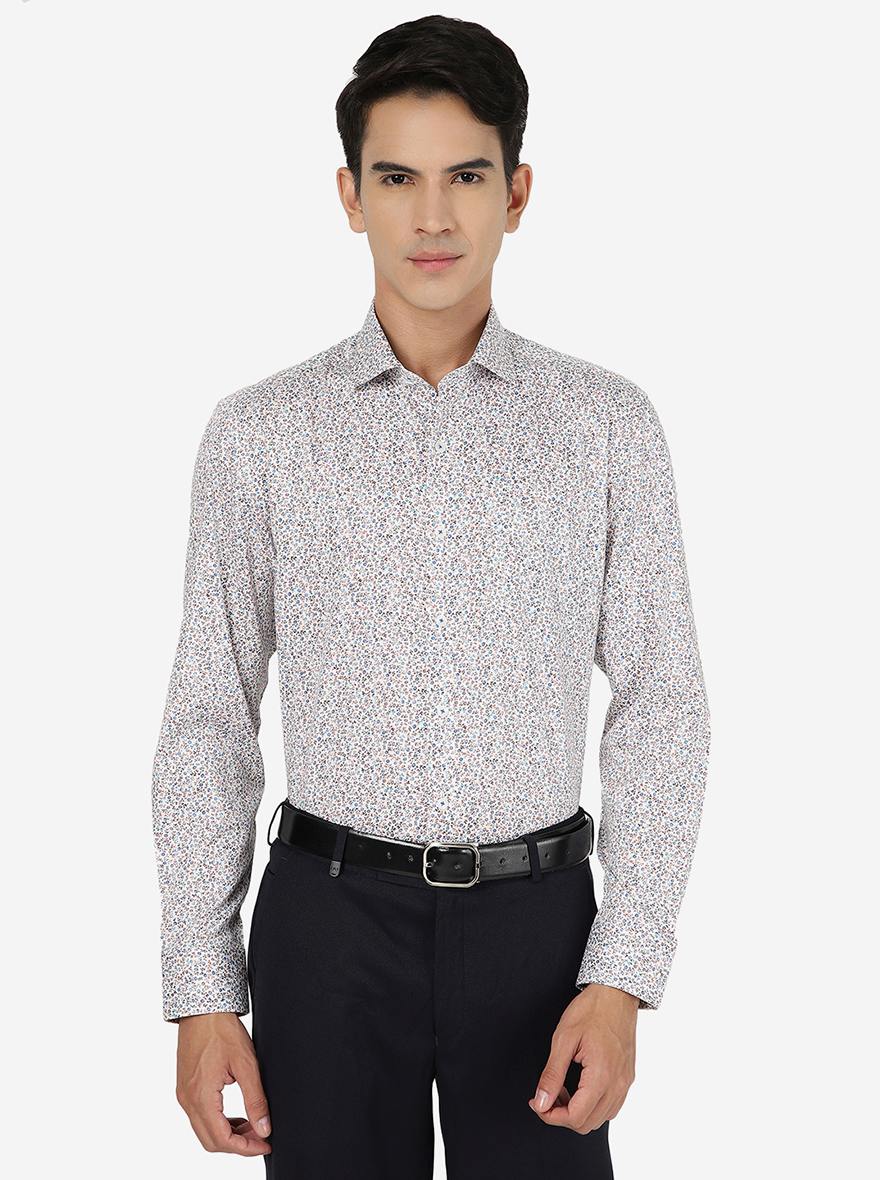 White & Brown Printed Regular fit Formal Shirt | JadeBlue