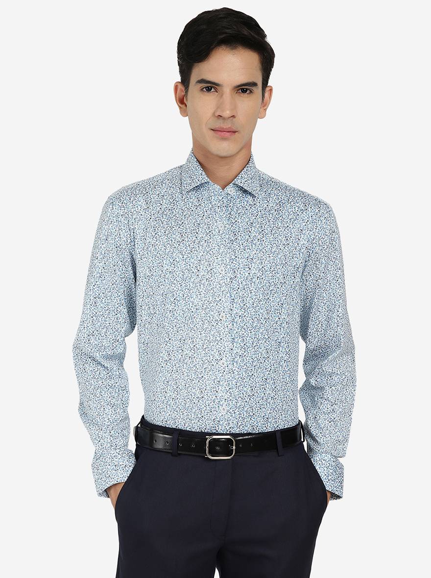 White & Blue Printed Regular fit Formal Shirt | JadeBlue