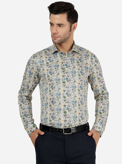 Cream Printed Slim Fit Party Wear Shirt | Wyre
