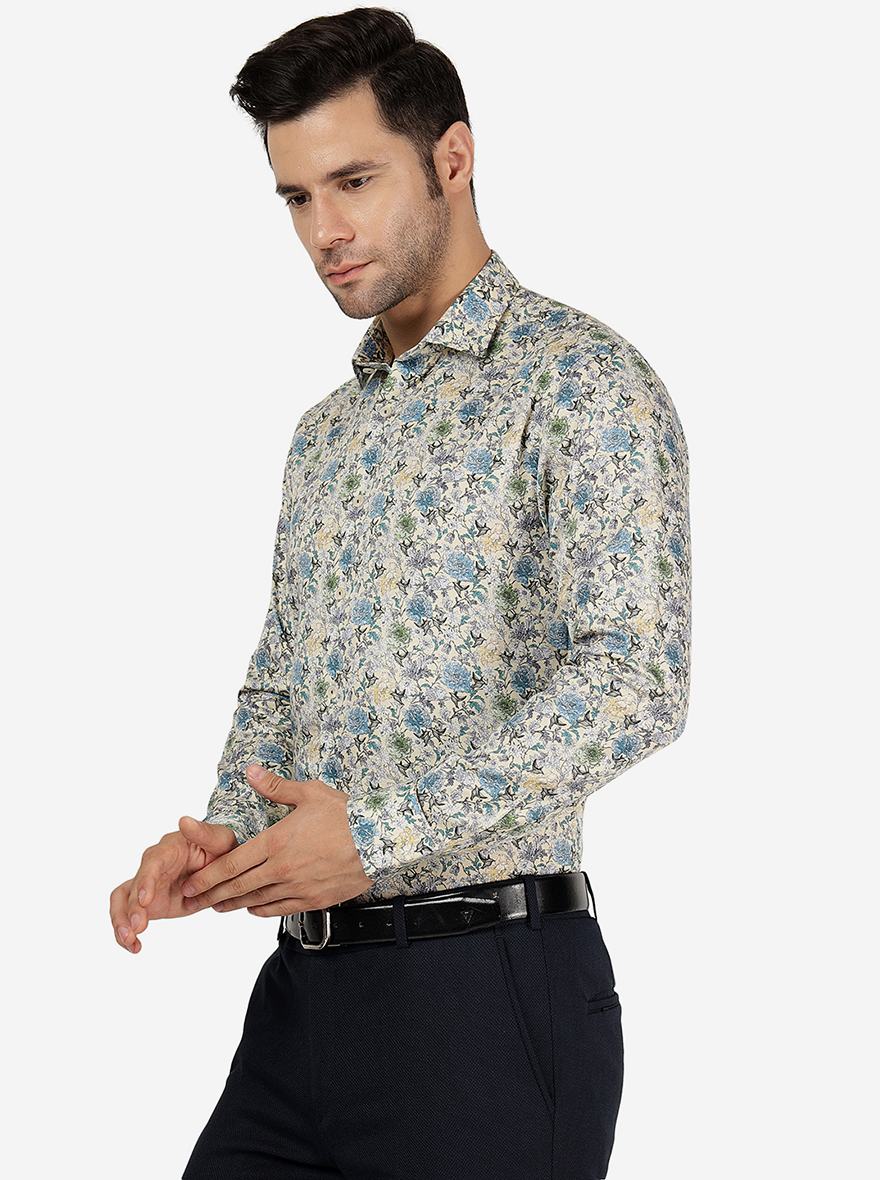 Cream Printed Slim Fit Party Wear Shirt | Wyre