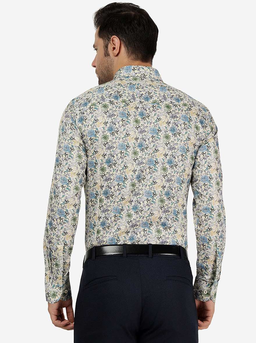 Cream Printed Slim Fit Party Wear Shirt | Wyre