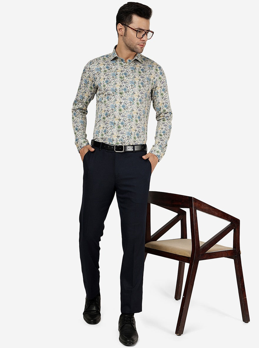 Cream Printed Slim Fit Party Wear Shirt | Wyre
