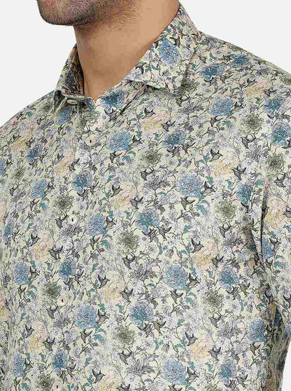 Cream Printed Slim Fit Party Wear Shirt | Wyre