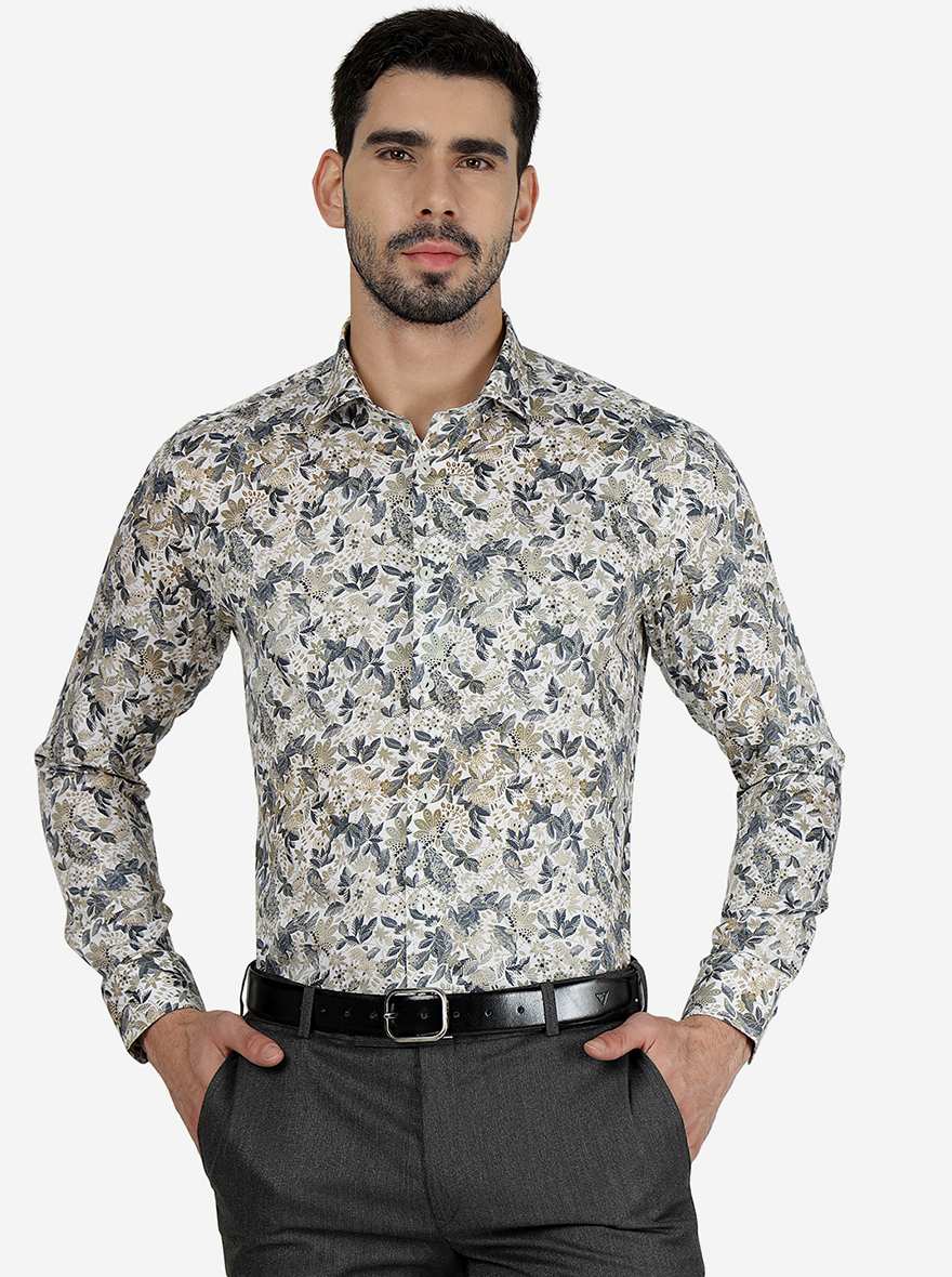 White & Grey Printed Slim Fit Party Wear Shirt | Wyre
