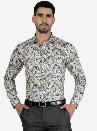 White & Grey Printed Slim Fit Party Wear Shirt | Wyre