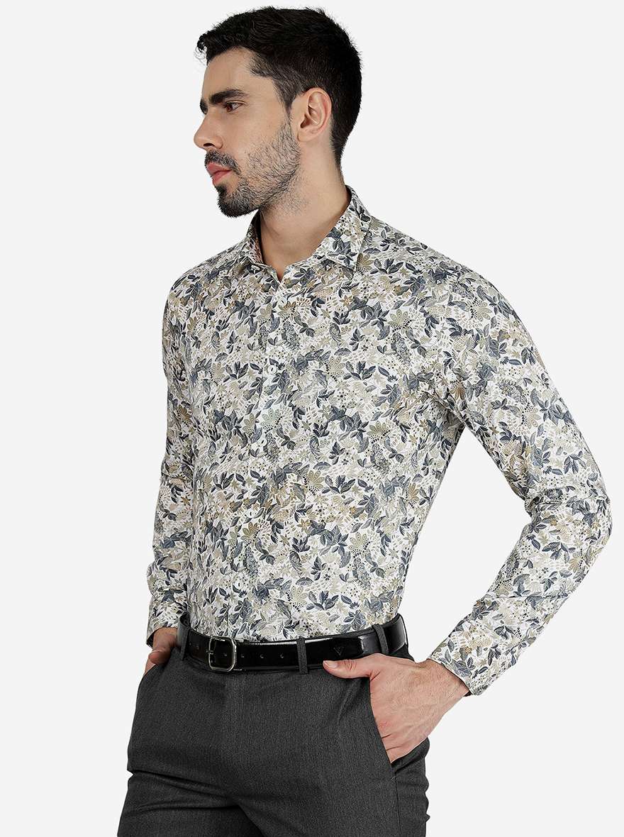 White & Grey Printed Slim Fit Party Wear Shirt | Wyre