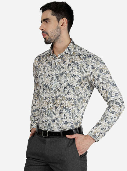 White & Grey Printed Slim Fit Party Wear Shirt | Wyre