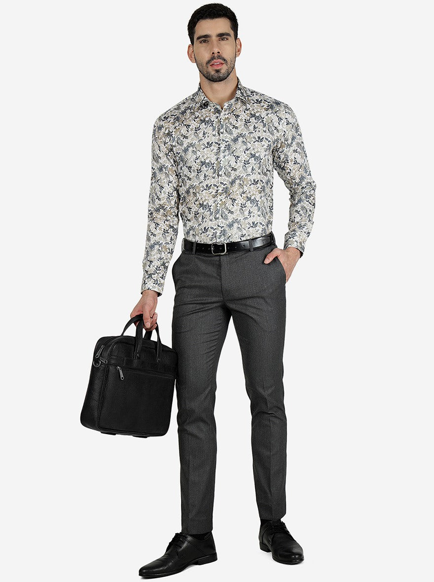 White & Grey Printed Slim Fit Party Wear Shirt | Wyre