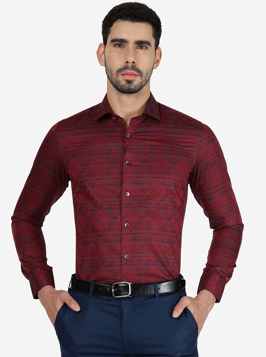 Maroon Printed Slim Fit Party Wear Shirt | Wyre