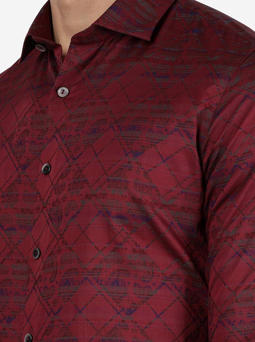 Maroon Printed Slim Fit Party Wear Shirt | Wyre