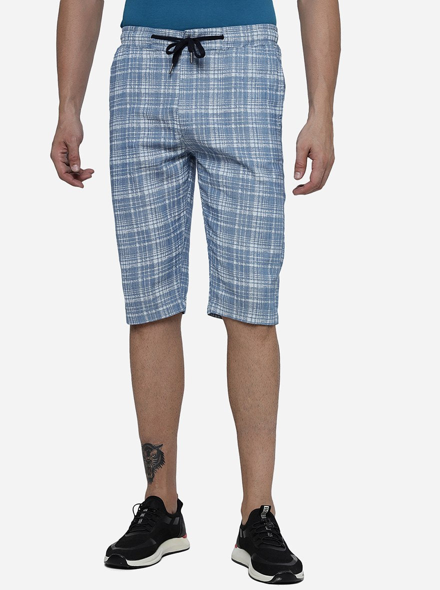 Blue Checked Slim Fit Capri