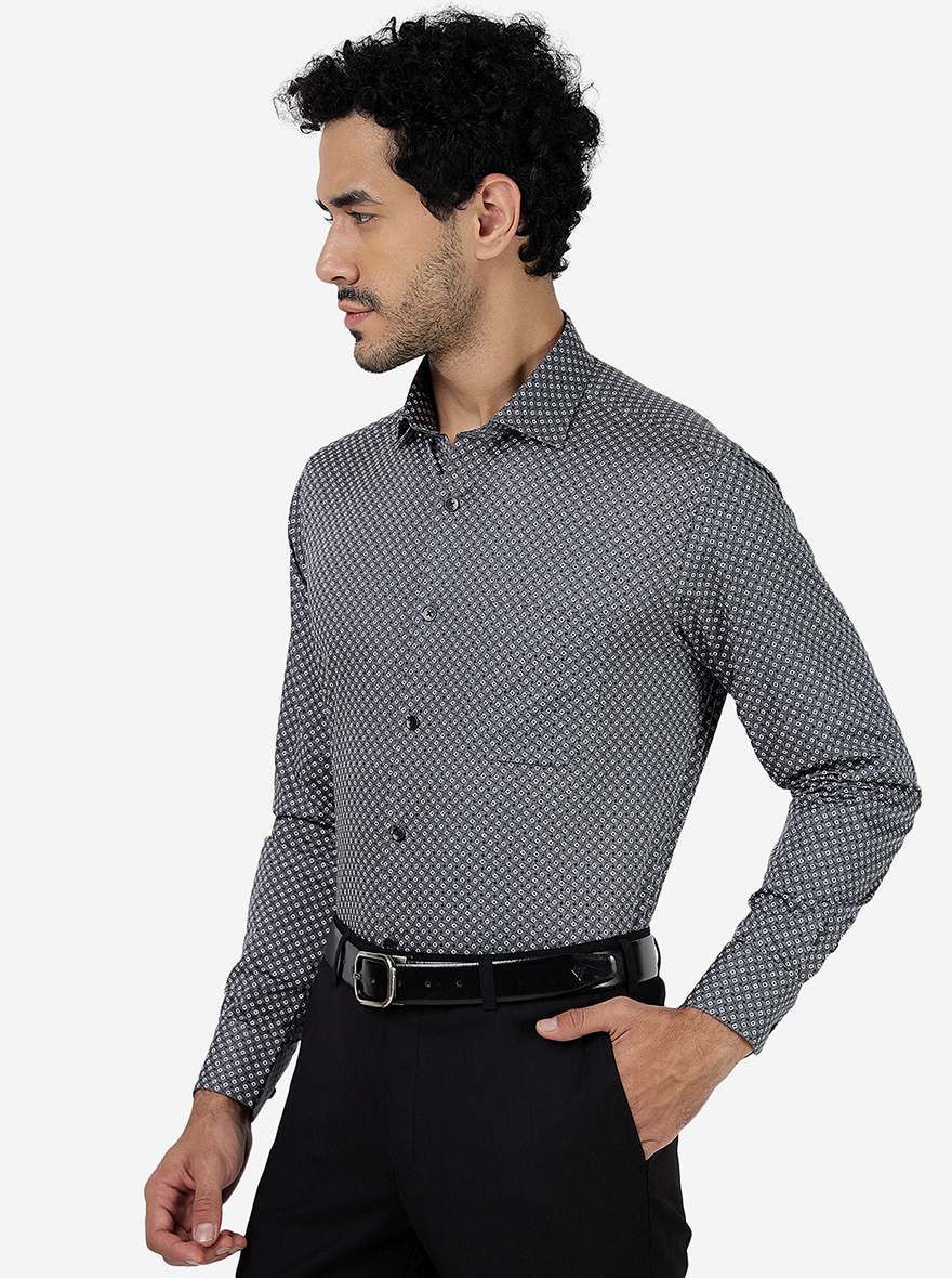 Grey Printed Slim Fit Formal Shirt | Metal