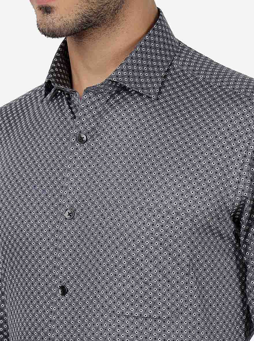 Grey Printed Slim Fit Formal Shirt | Metal