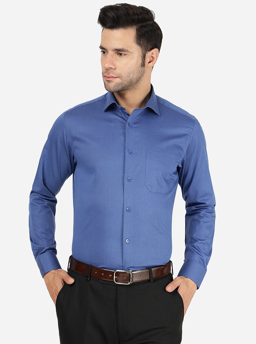 Blue Solid Slim Fit Formal Shirt | Metal