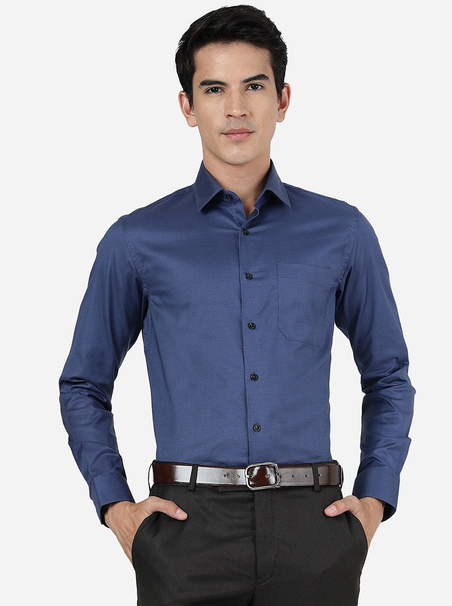 Blue Solid Slim Fit Formal Shirt | JadeBlue Youth