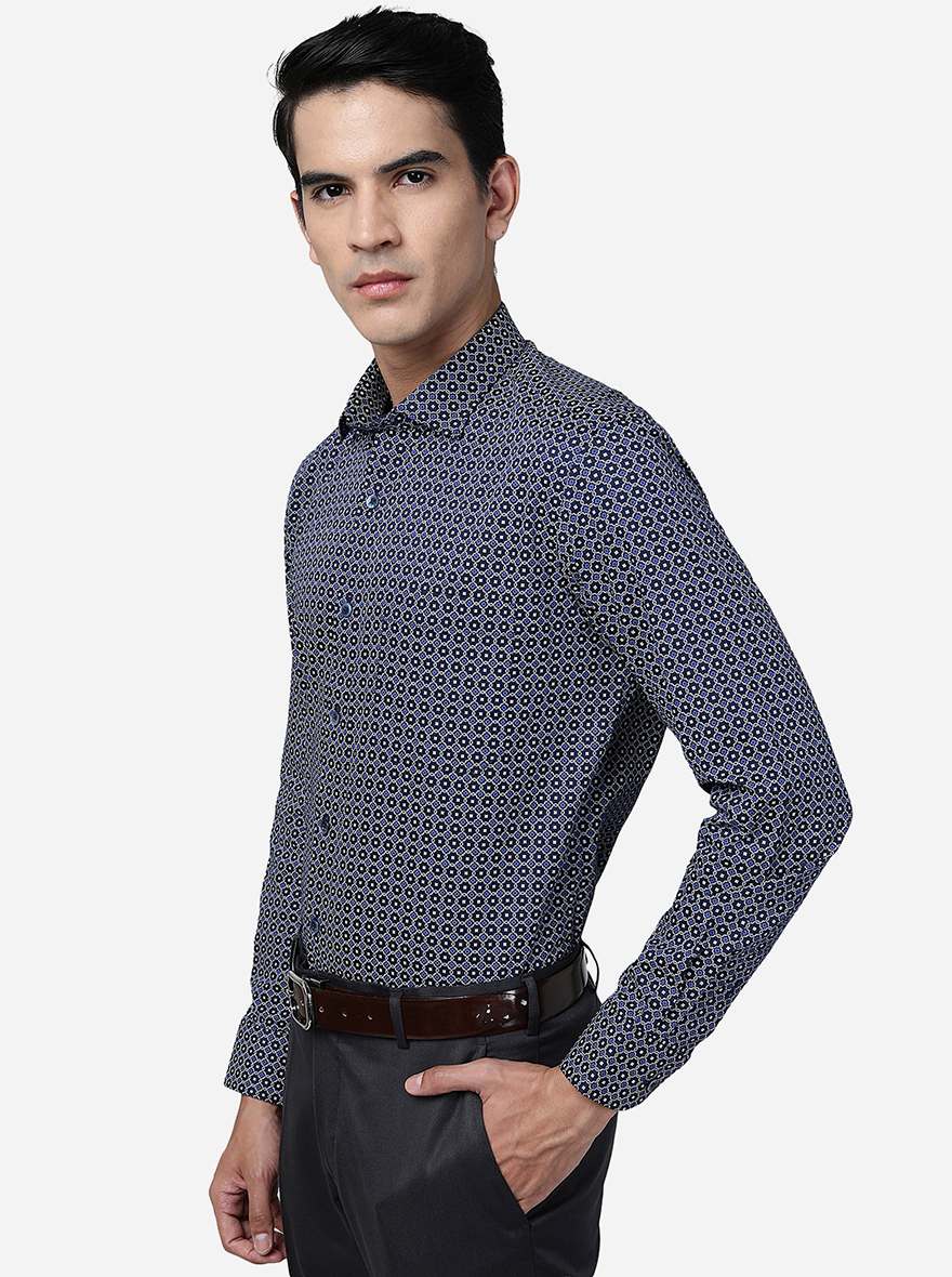 Blue Printed Slim Fit Formal Shirt | Metal