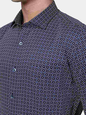 Blue Printed Slim Fit Formal Shirt | Metal