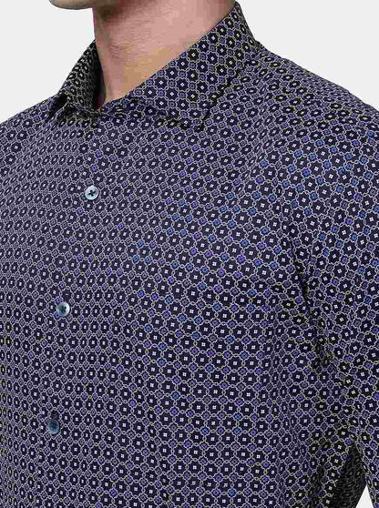 Blue Printed Slim Fit Formal Shirt | Metal