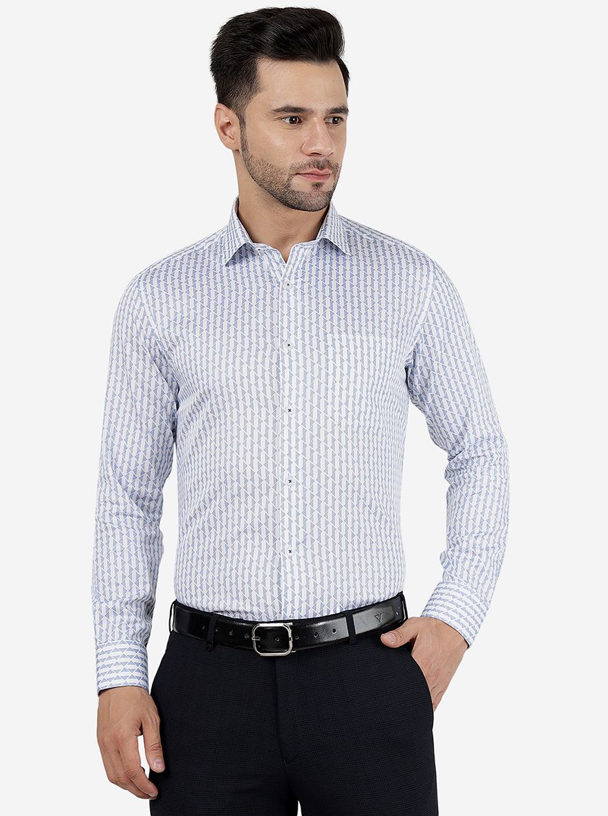 Blue & White Printed Slim Fit Formal Shirt | Metal