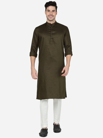 Olive Green Solid Regular Fit Modi Kurta | JadeBlue