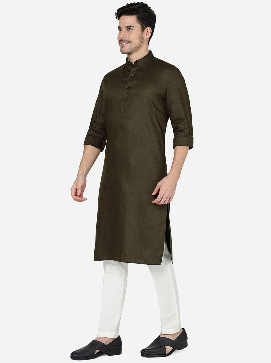 Olive Green Solid Regular Fit Modi Kurta | JadeBlue